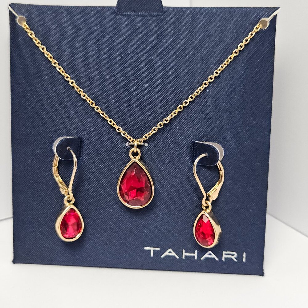 T Tahari Ruby Red Pear Shape and Gold Necklace and Earring Set
